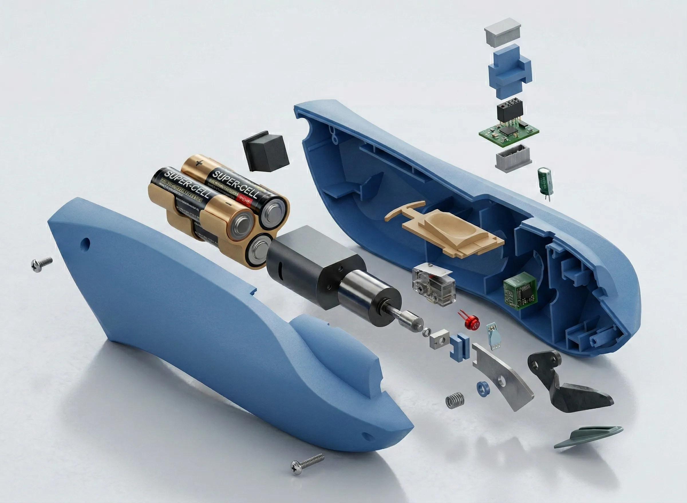 Exploded view of a pair of electric scissors
