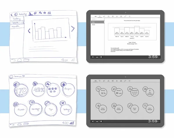 Paper and digital wireframes for a health monitorin app on a tablet