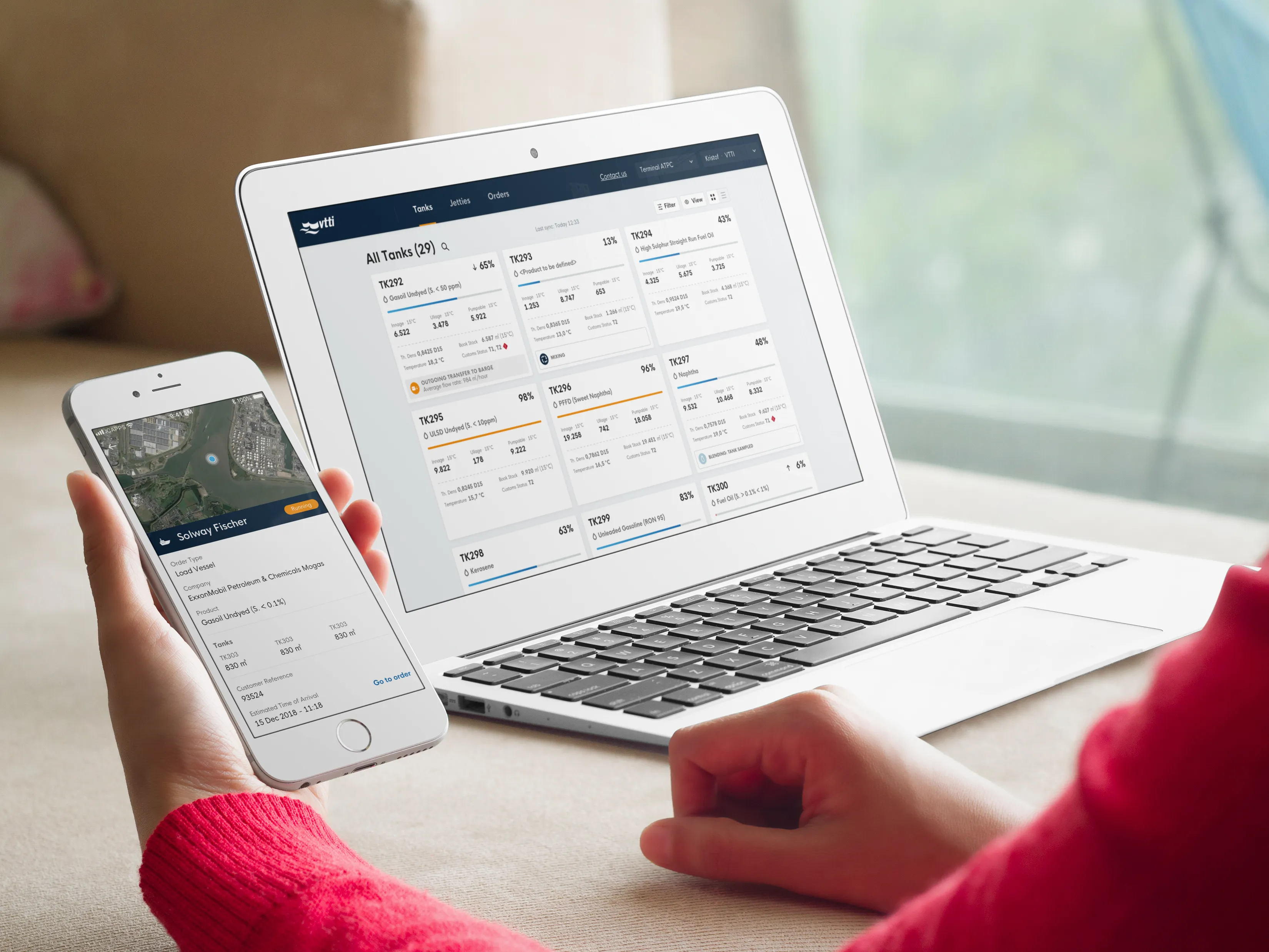 Mobile and desktop screens for the VTTI terminal ship tracking and tank monitoring