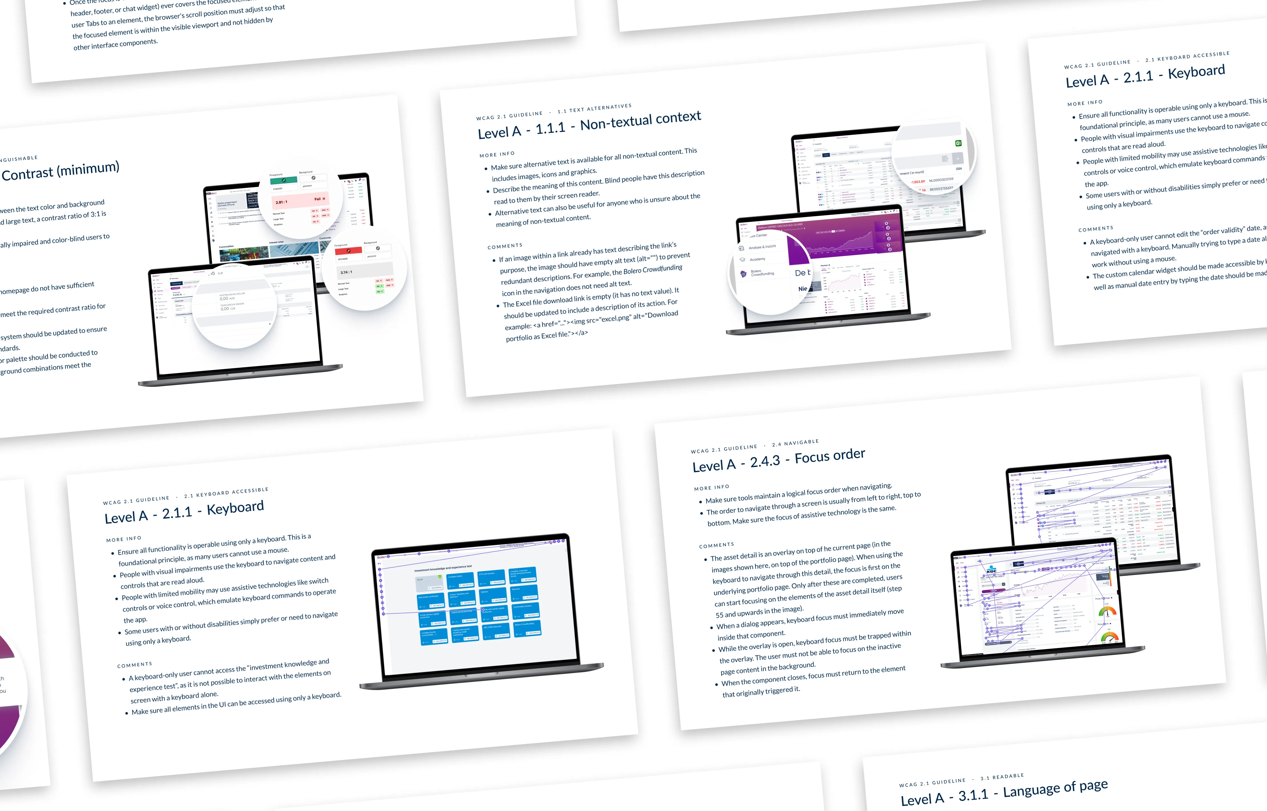 Grid of different findings from an accessibility audit of the Bolero Web platform